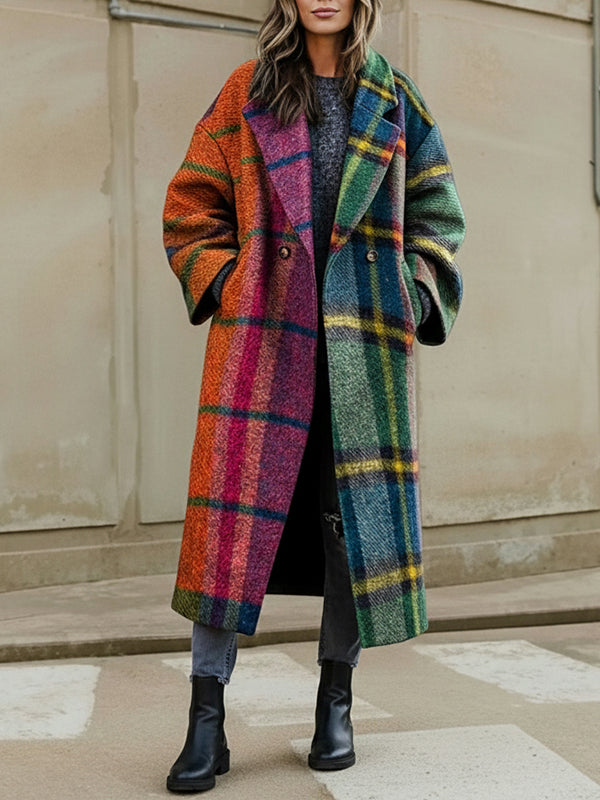 Coupe-vent ample à manches trois-quarts, couleur contrastée, carreaux à revers fendus, manteau en laine