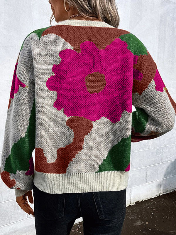 Pull ample asymétrique à manches bouffantes, à fleurs en tricot, à empiècements, à col rond