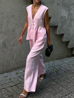 Ensemble deux pièces ample sans manches plissé à col en v + pantalon