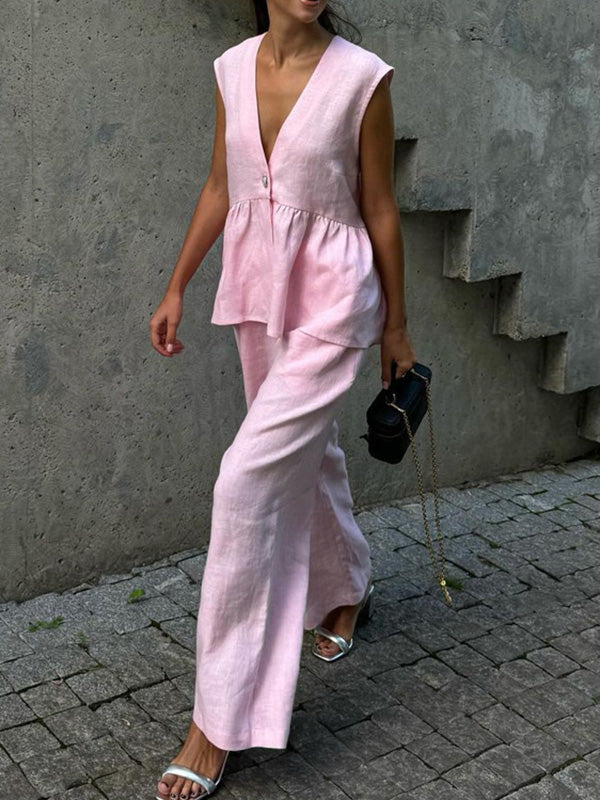 Ensemble deux pièces ample sans manches plissé à col en v + pantalon