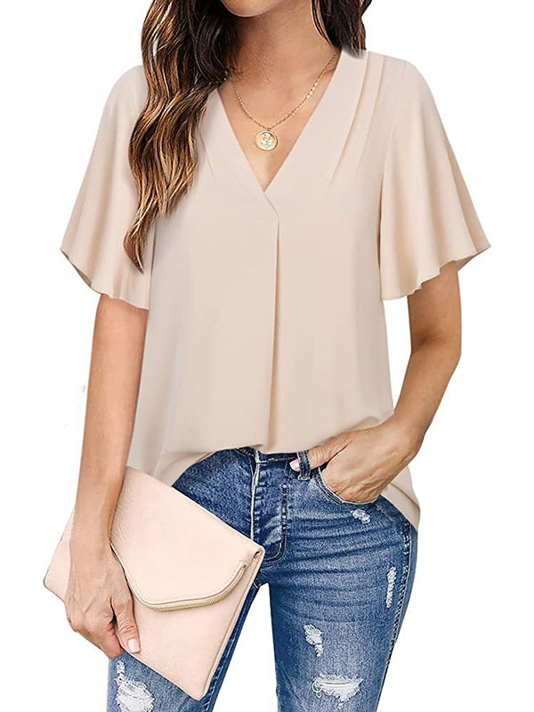 T-shirt en mousseline de soie de couleur unie urbaine ample Volants