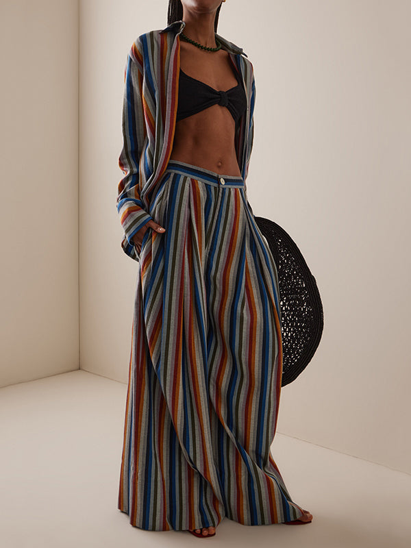 Pantalon ample plissé rayé à jambes larges, à empiècements
