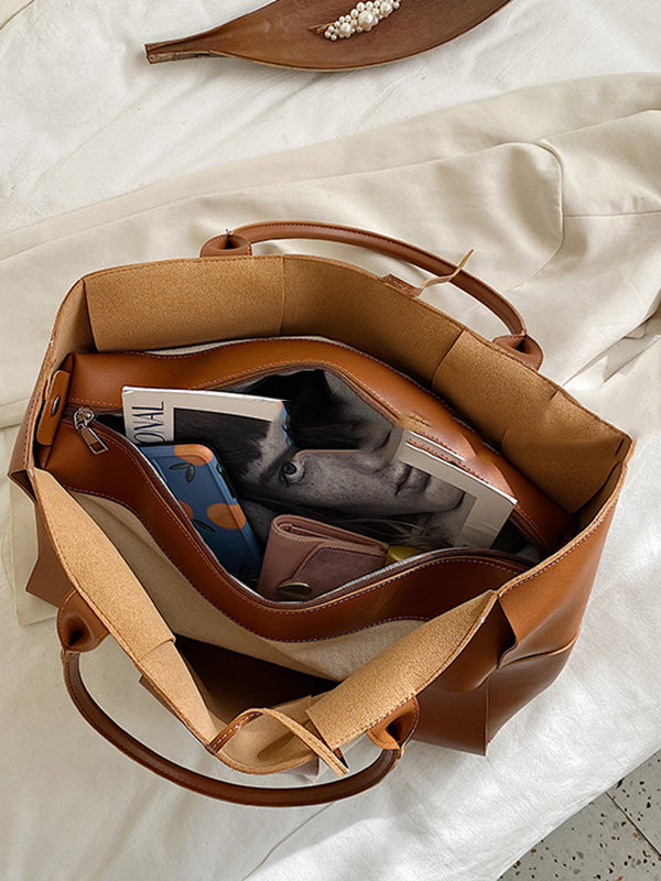 Sac cabas à empiècements, couleur unie