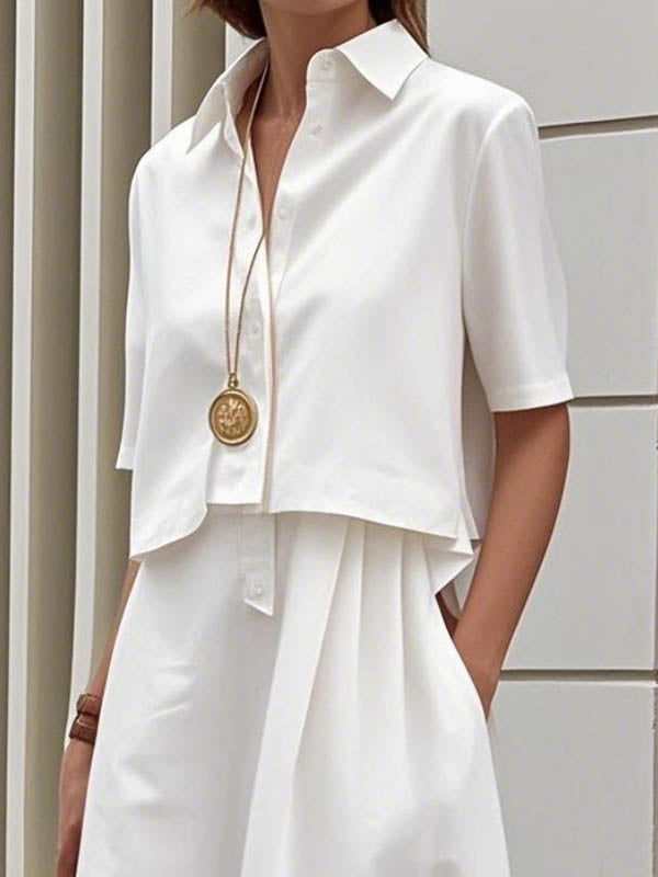 Robe chemise mi-longue boutonnée effet deux pièces, à manches mi-longues, à col revers, couleur unie