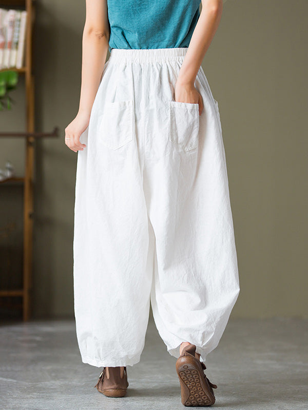 Knickerbockers à jambes larges et amples en lin, couleur unie, cordon de serrage plissé