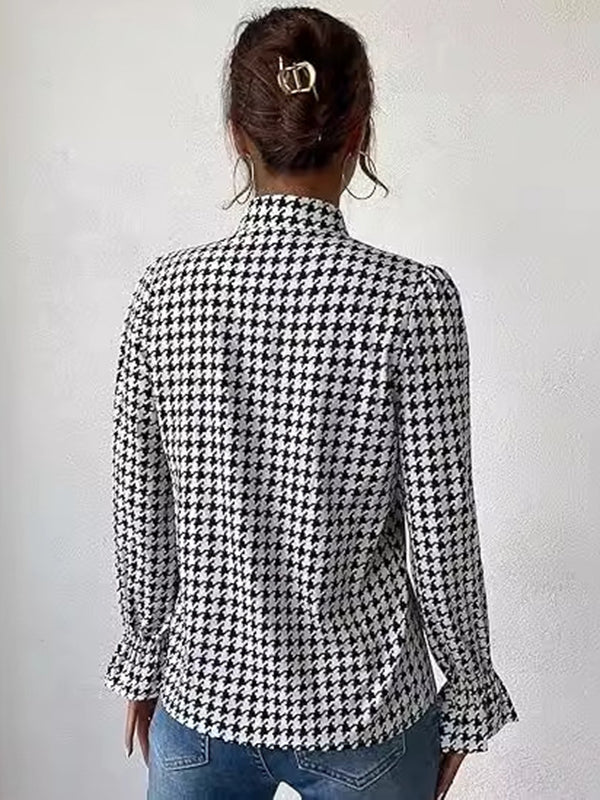 Chemisier ample à manches longues, à taille élastique, à motif pied-de-poule, à empiècements, à col en V