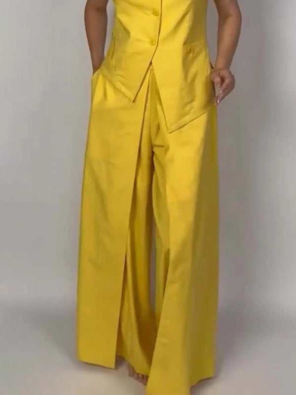 Pantalon ample à jambes larges, à empiècements, couleur unie