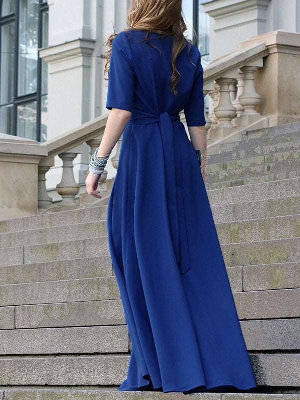 Robe longue à manches mi-longues, taille haute, à taille nouée, à col en V, couleur unie
