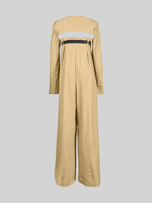 Ensemble deux pièces boutonné à manches longues, sans col, à jambes larges, avec ceinture – veste + haut + combinaison