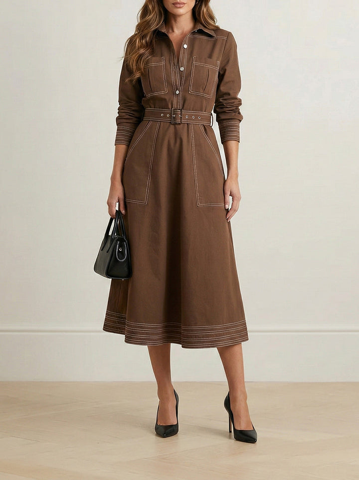 Robe longue ample boutonnée à manches longues, à taille élastique, à poches, à col revers, couleur unie