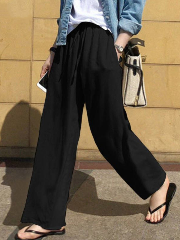Pantalon ample taille haute, à cordon de serrage, à poches, couleur unie