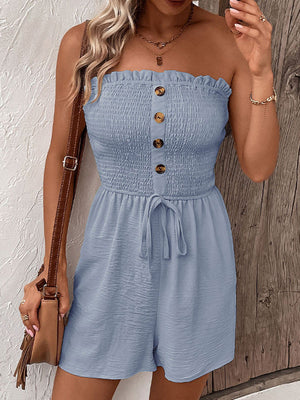 Combishort ample boutonné grande taille, à cordon de serrage, à taille élastique, à poches, à empiècements, bustier
