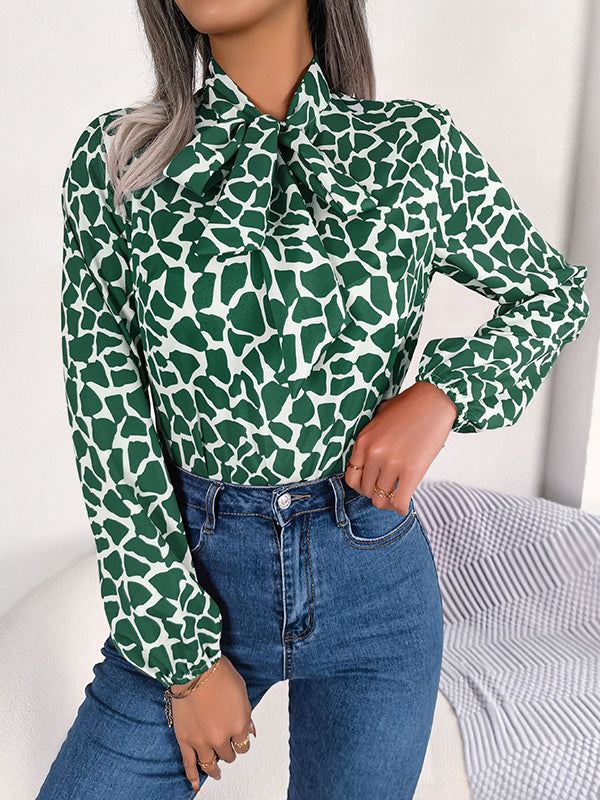 Chemisier noué à manches bouffantes, à manches longues, à nœud, à taille élastique, à col cheminée
