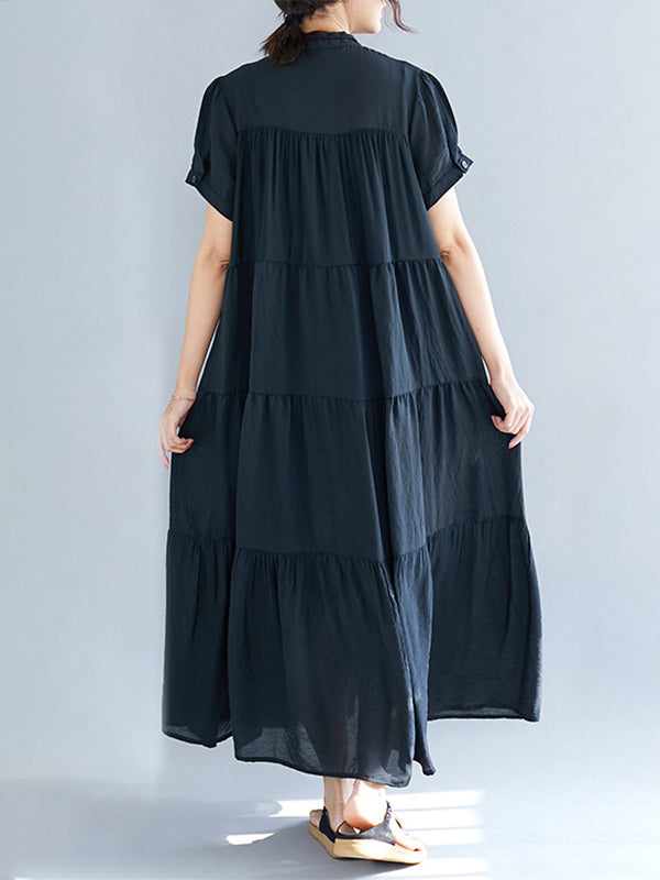 Robe mi-longue ample plissée vintage, à empiècements, à manches courtes, à col rond