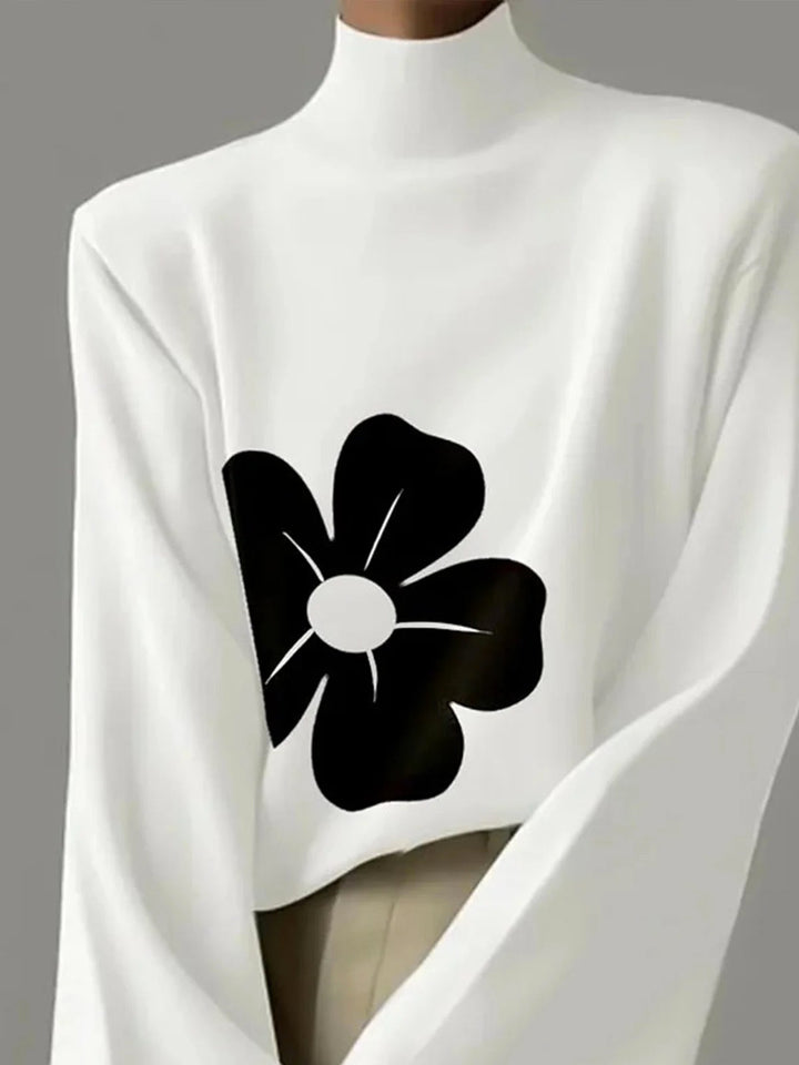 T-shirt à manches évasées, à manches longues, à imprimé floral, à col haut