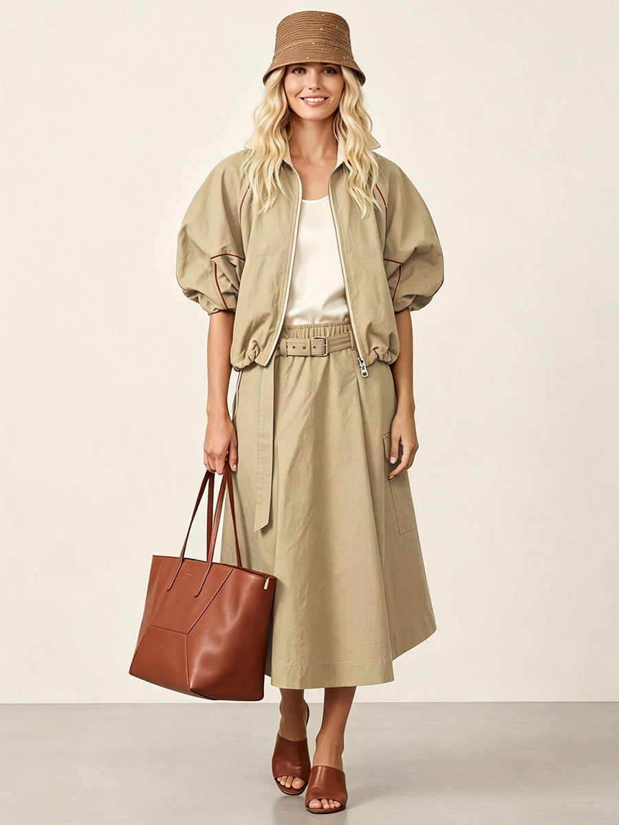 Veste ample à fermeture éclair, à cordon de serrage, à manches mi-longues, à col revers, couleur contrastée