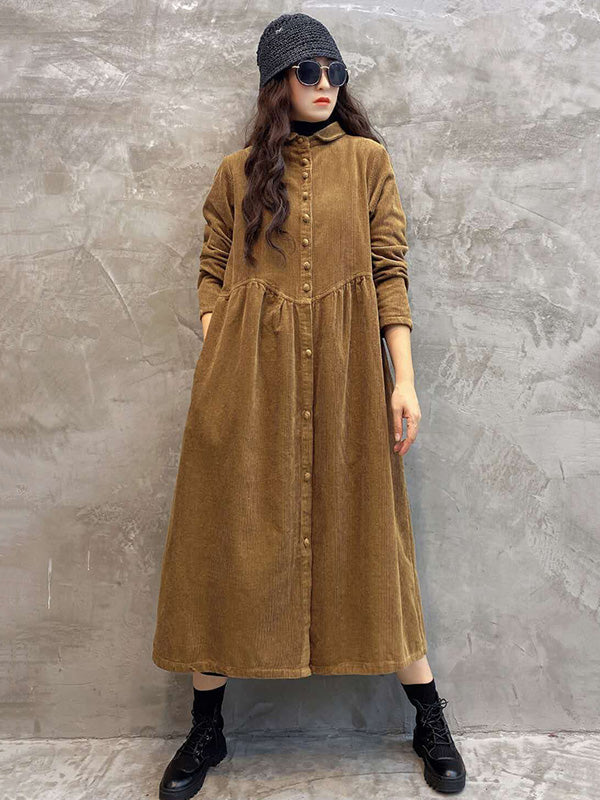 Robe Originale à Revers en Velours Côtelé Uni