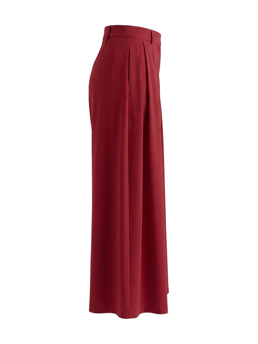 Pantalon élégant ample taille haute, à jambes larges, couleur unie