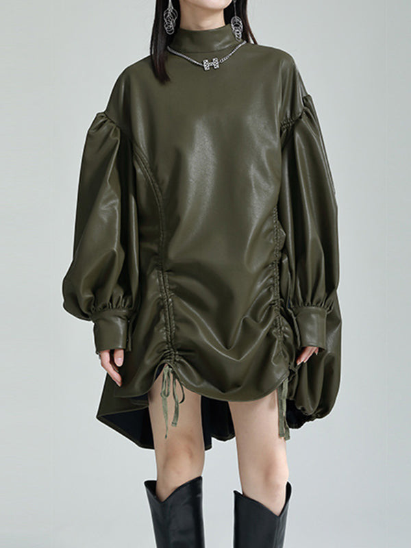 Robe courte plissée à ourlet plongeant, à manches longues, à cordon de serrage, à col montant, couleur unie