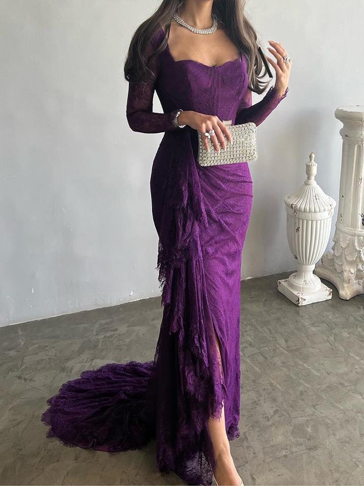 Robe de soirée longue transparente fendue sur le côté à manches longues, coupe sirène, en résille, à col carré