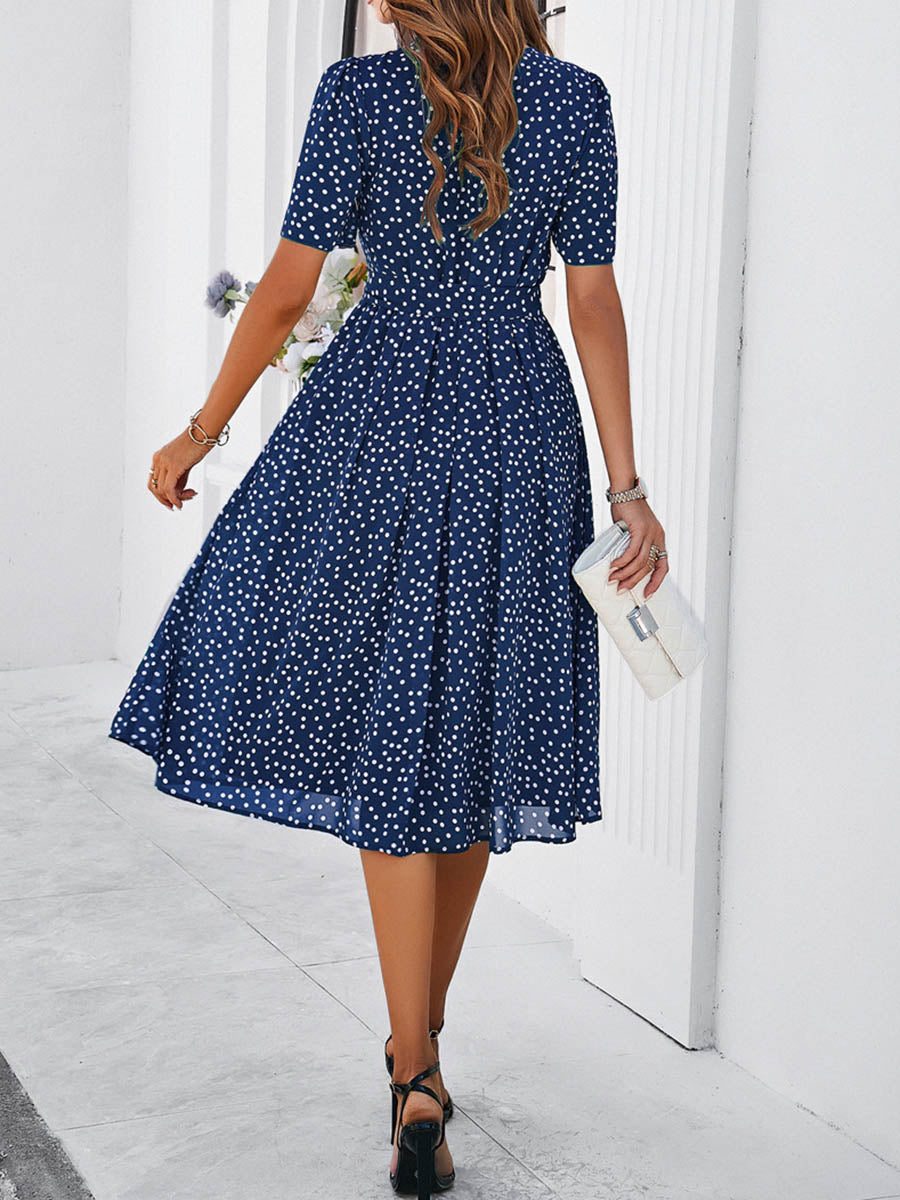 Robe mi-longue coupe trapèze, à taille élastique, à pois, à empiècements, à taille nouée, à col rond, couleur contrastée