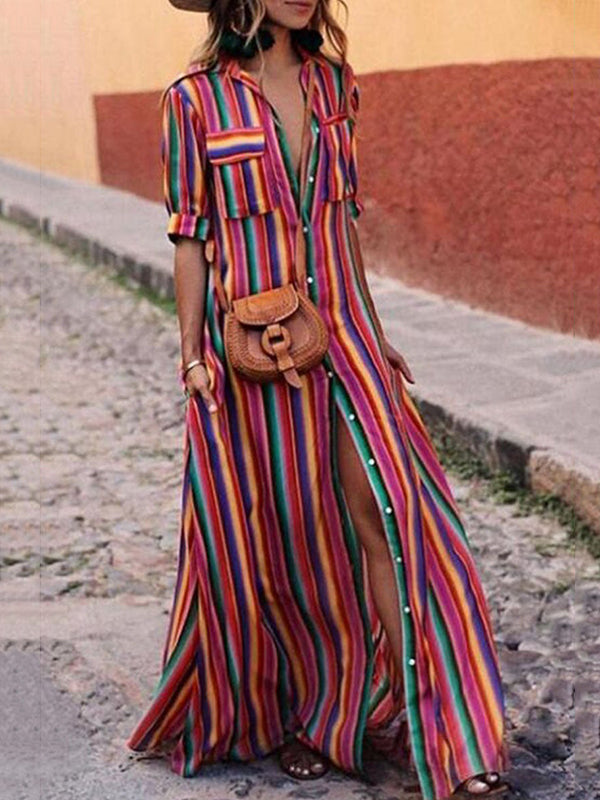 Robe chemise ample rayée à manches longues, à empiècements, à col revers