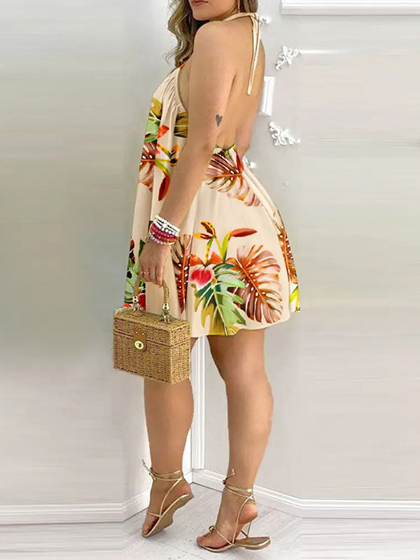 Robes courtes amples sans manches, couleur contrastée, imprimé feuilles, col licou