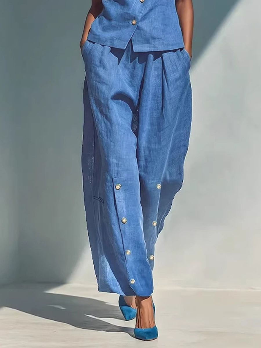 Pantalon ample boutonné à jambes larges, à poches, couleur unie