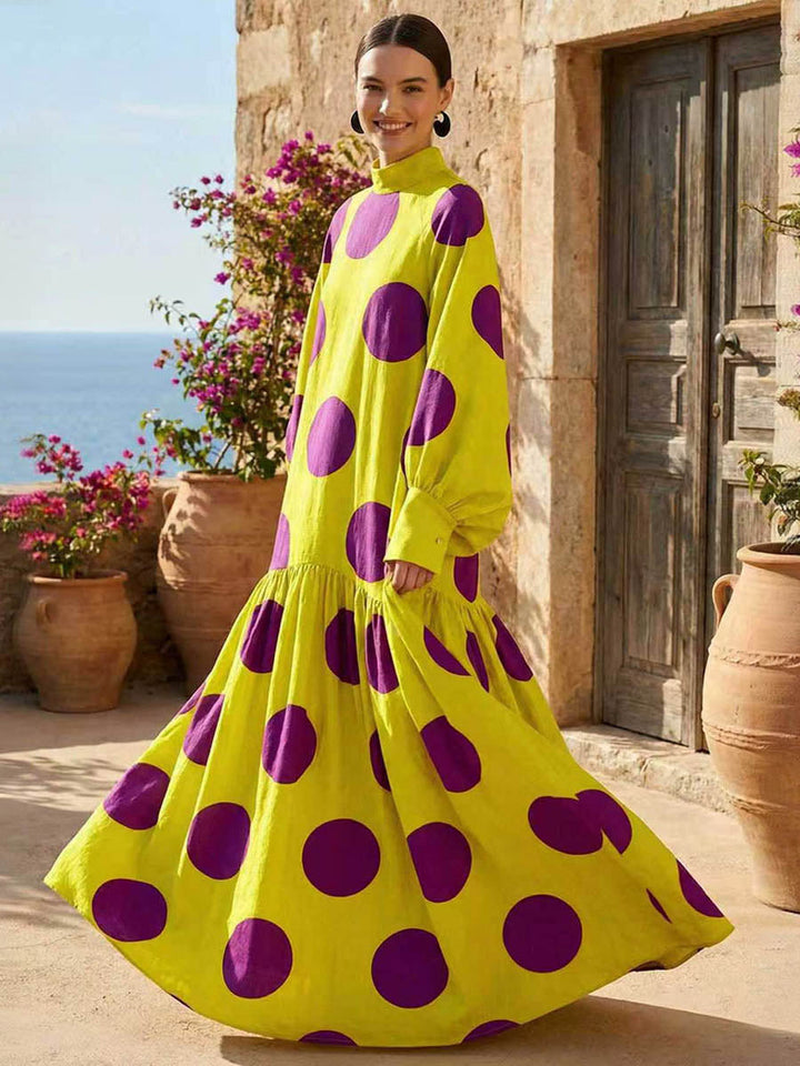 Robes longues à manches longues, ample, grand ourlet, couleur contrastée, plissées, pois, fente, demi-col roulé