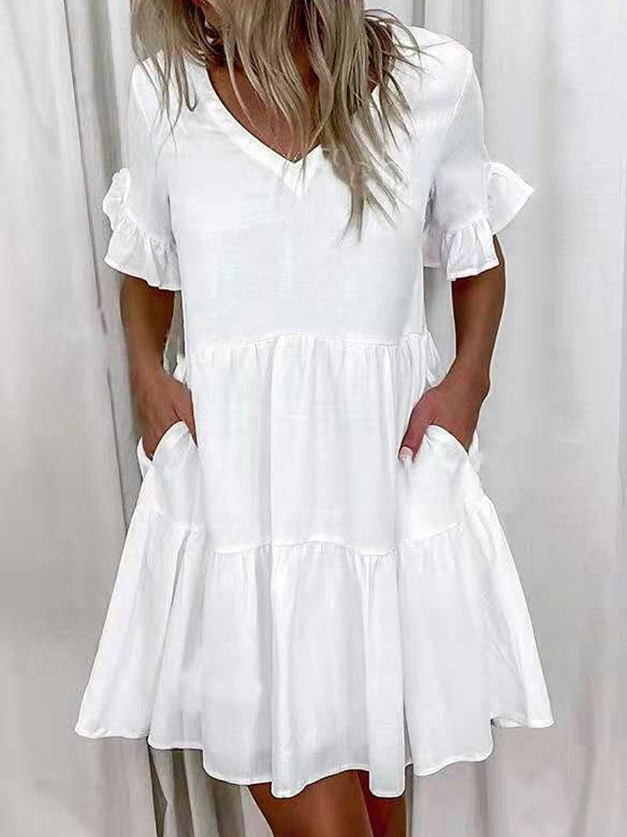 Robe mi-longue plissée imprimée coupe trapèze, taille haute, à poches, à empiècements, à col en V, couleur contrastée