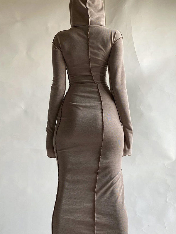Robe longue à manches longues, grande taille, à empiècements, à capuche, couleur unie