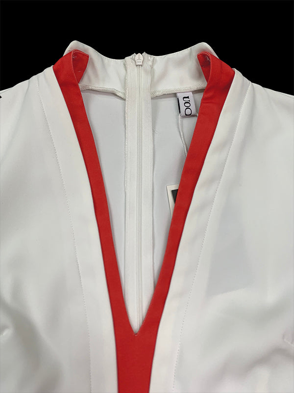 Robe longue moulante plissée à manches longues, à taille élastique, à empiècements, à décolleté en V profond, couleur contrastée