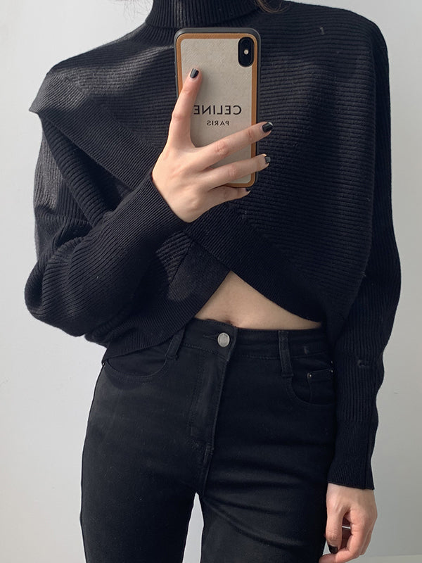 Pull asymétrique à manches longues, couleur unie, fendu sur le devant, col haut, pull en tricot