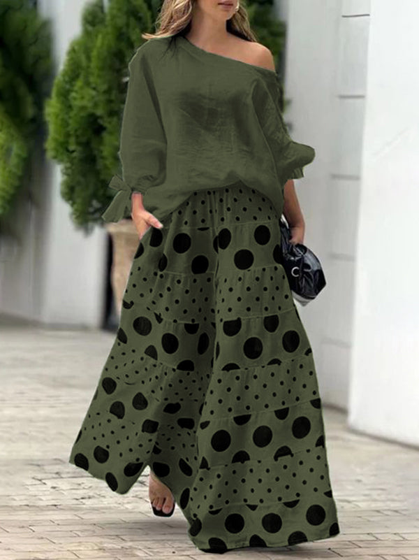 Pantalon ample taille haute, à taille élastique, à poches, à pois, à empiècements, couleur contrastée