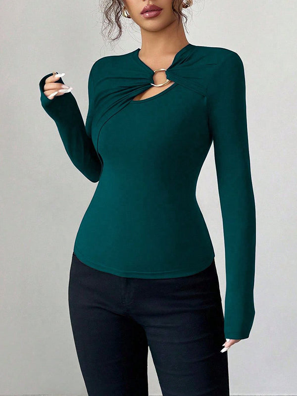 T-shirt à manches longues, coupe près du corps, à empiècements, à col asymétrique, couleur unie