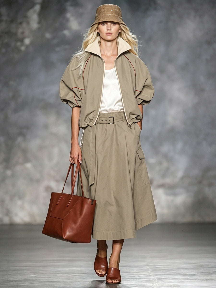 Jupe ample à poches, à taille élastique, avec ceinture, coupe trapèze, couleur unie