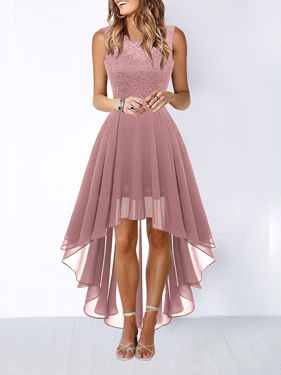 Robe longue plissée transparente coupe trapèze, taille haute, à empiècements, à taille nouée, à col rond