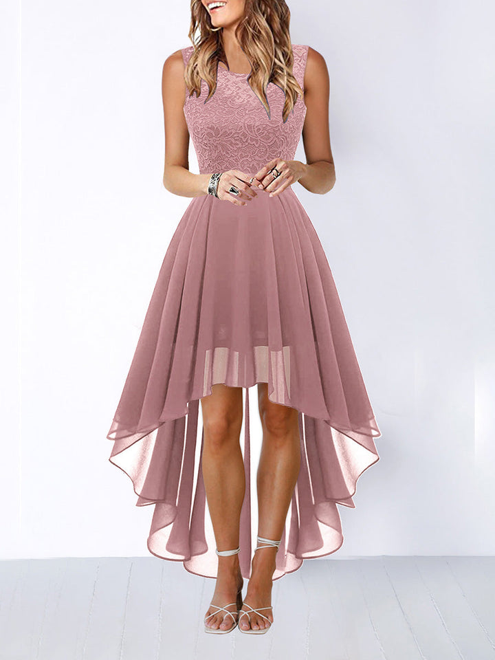 Robe longue plissée transparente coupe trapèze, taille haute, à empiècements, à taille nouée, à col rond