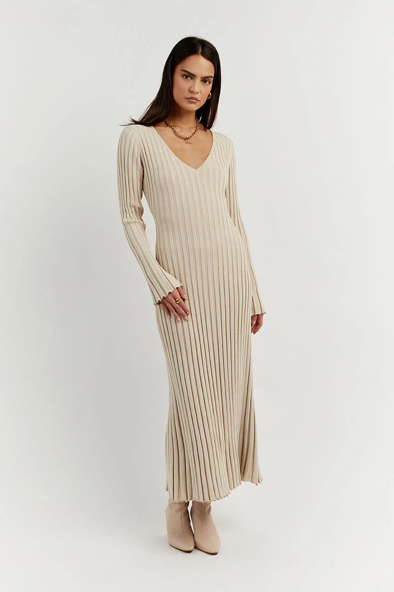 Lavinia - Robe midi en tricot à manches longues avec décolleté en V