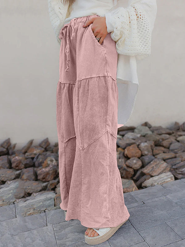 Pantalon ample plissé taille haute, à cordon de serrage, à poches, à empiècements, couleur unie