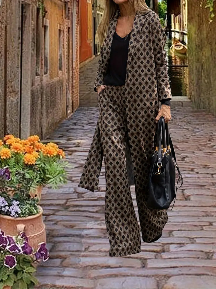 Ensemble Urbain Chic composé d'un long manteau et d'un palazzo avec imprimé géométrique pour femmes
