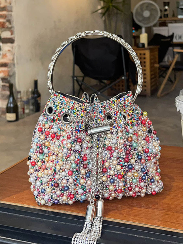 Sac à main ajouré géométrique à strass, à cordon de serrage