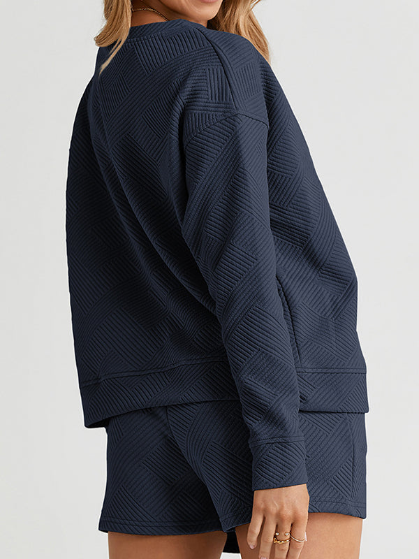 Ensemble deux pièces ample à manches longues, à col rond, à cordon de serrage, couleur unie – sweat-shirt + short