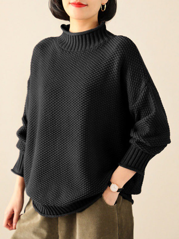 Pull décontracté ample à manches longues, à col haut, couleur unie