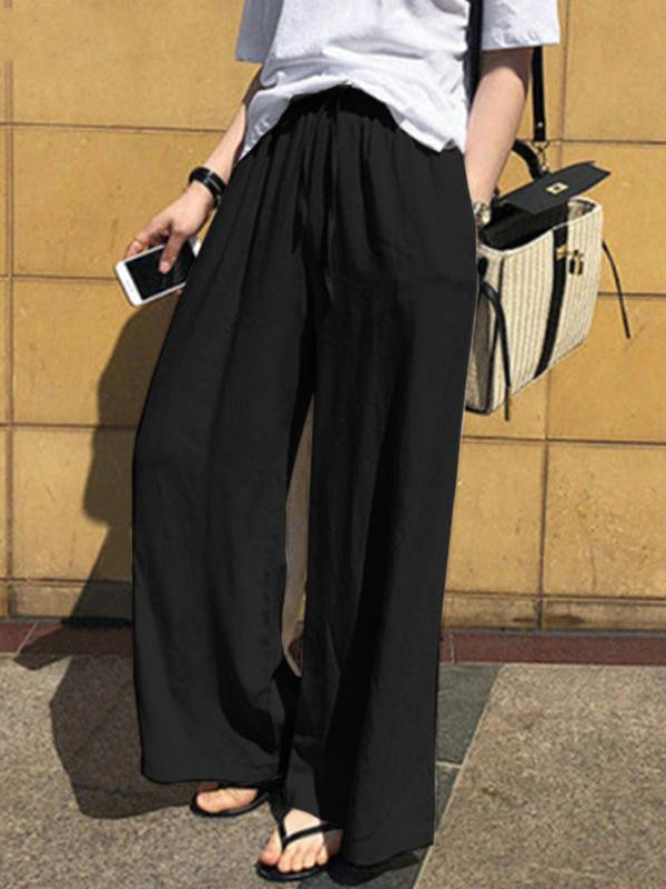 Pantalon ample taille haute, à cordon de serrage, à poches, couleur unie