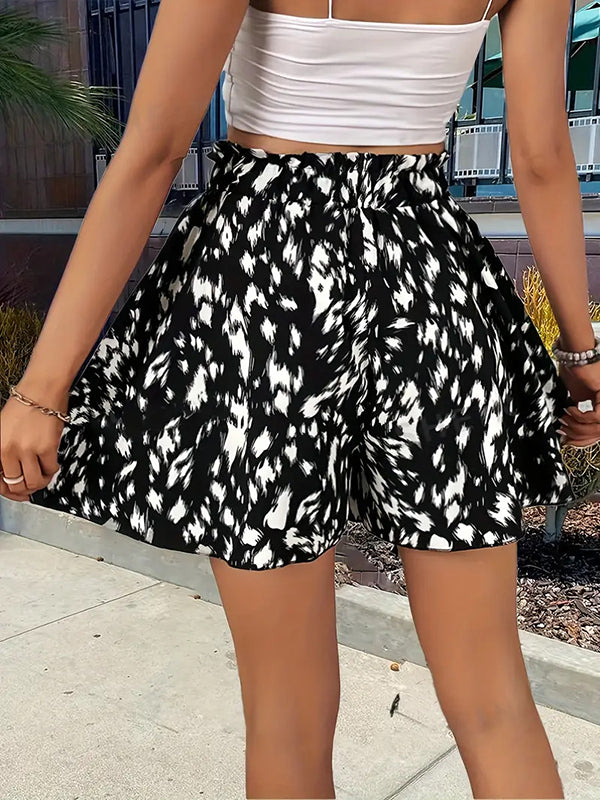 Short ample imprimé taille haute, à cordon de serrage, à taille élastique, à empiècements