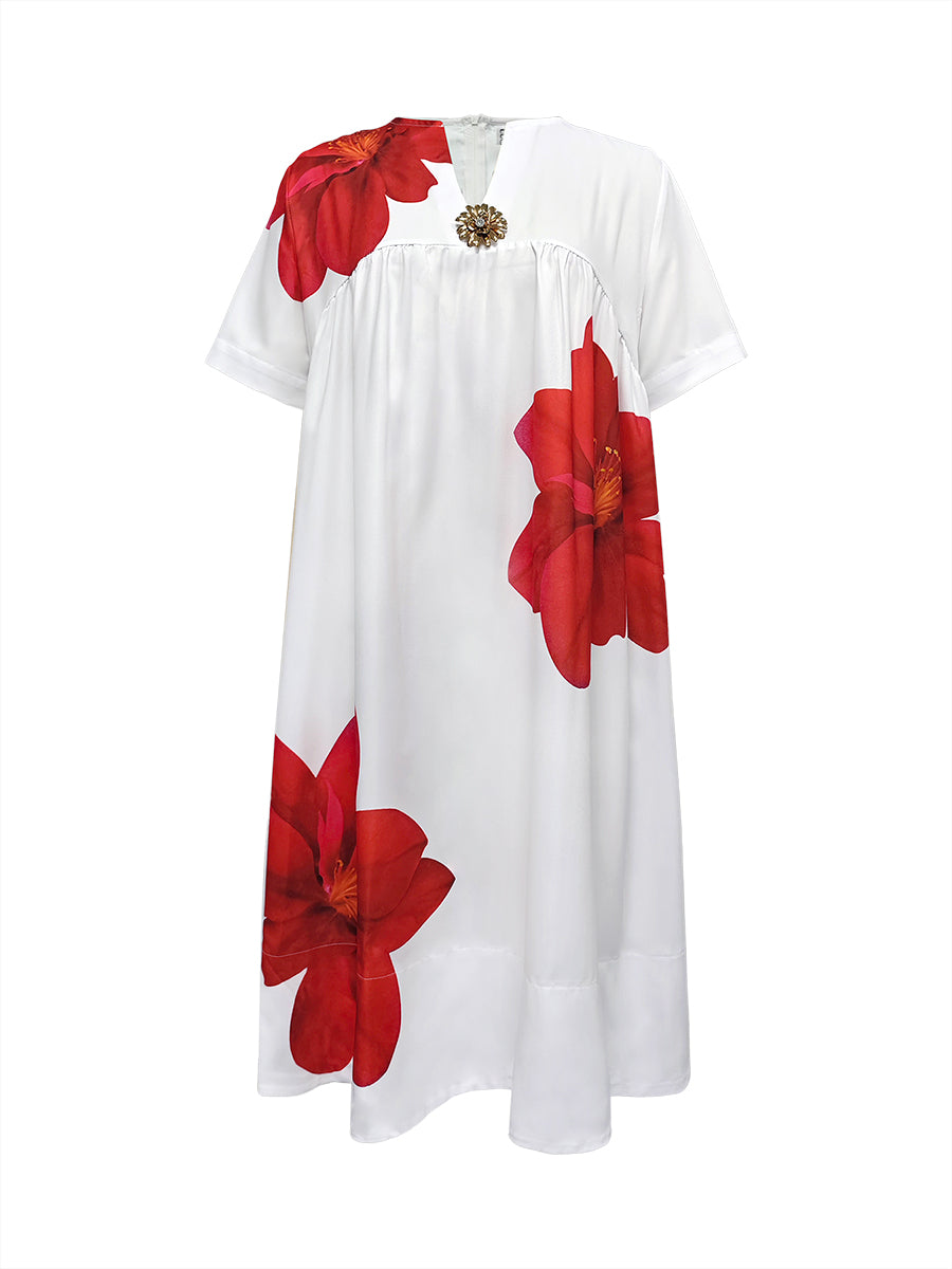 Robe mi-longue ample plissée coupe trapèze, à imprimé floral, à col en V