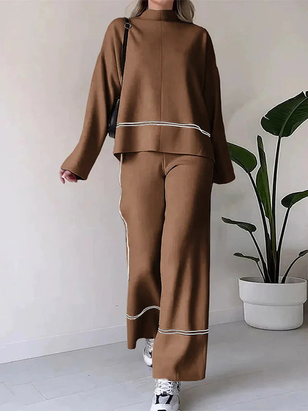 Ensemble deux pièces fendu sur le côté à ourlet plongeant, à col rond, taille haute, couleur contrastée – pull + haut + pantalon