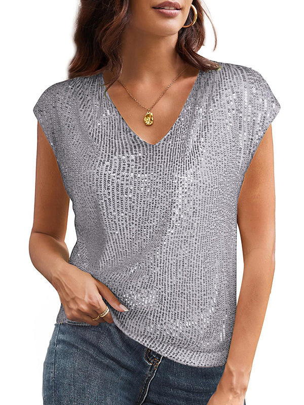 T-shirt ample brillant à manches chauve-souris, à sequins, à col en V