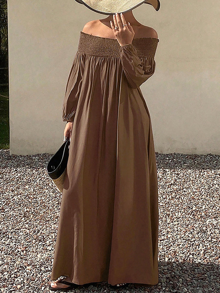 Robe longue ample plissée à manches bouffantes, à taille élastique, à épaules dénudées, couleur unie